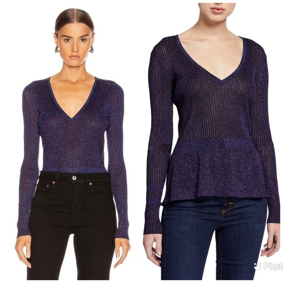 Veronica Beard Esmeralda V Neck Pullover Ribbed Sweater Purple Sparkle XS‎ - Picture 1 of 5